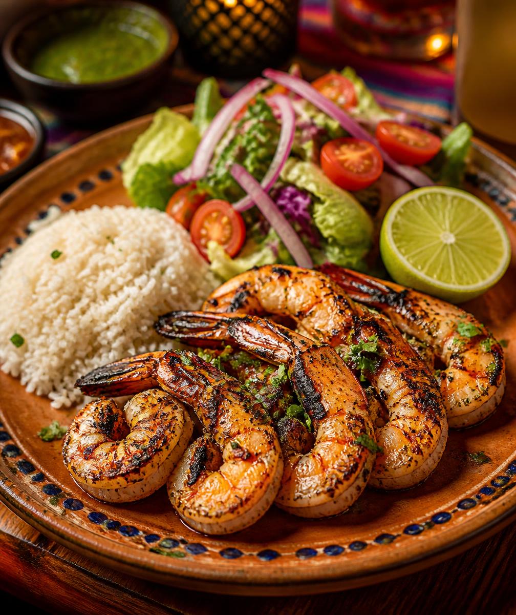Crevettes grillées servies avec riz, salade fraîche et lime