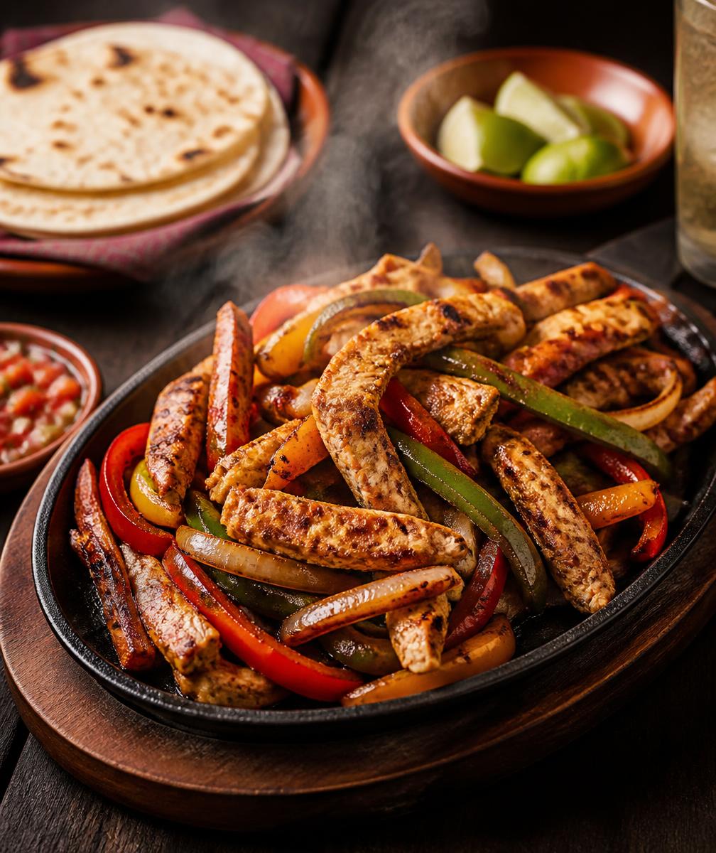 Fajitas mexicaines grillées servies sur plaque de fonte avec tortillas