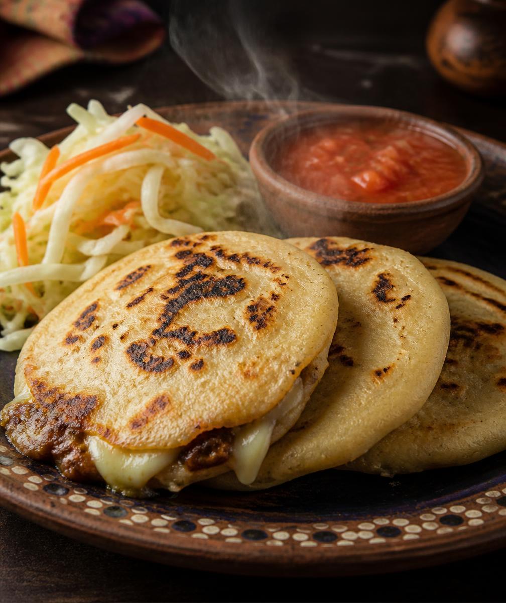 Pupusas fraîchement cuites servies avec curtido et salsa maison