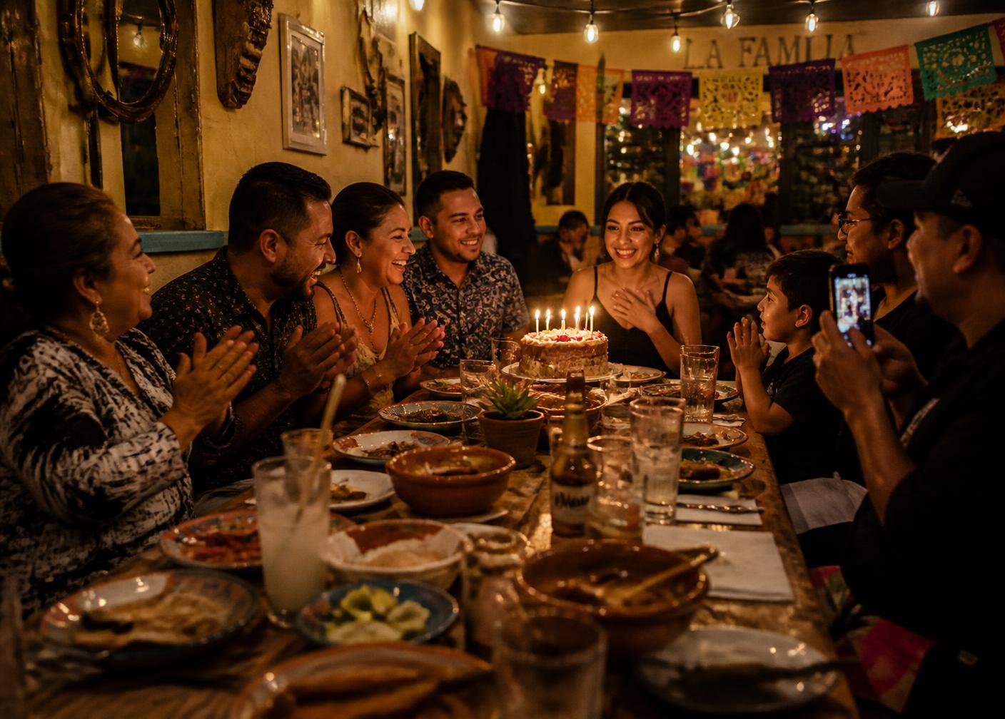 Groupe célébrant un anniversaire autour d'une grande table au Restaurant El Amigo